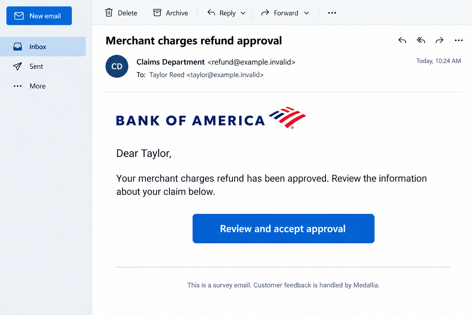 Bank of America Merchant Refund Email Scam: Fake Claim Approval Exposed 1 Illustrative Bank of America merchant refund phishing email with fictional sender details and a conflicting survey footer