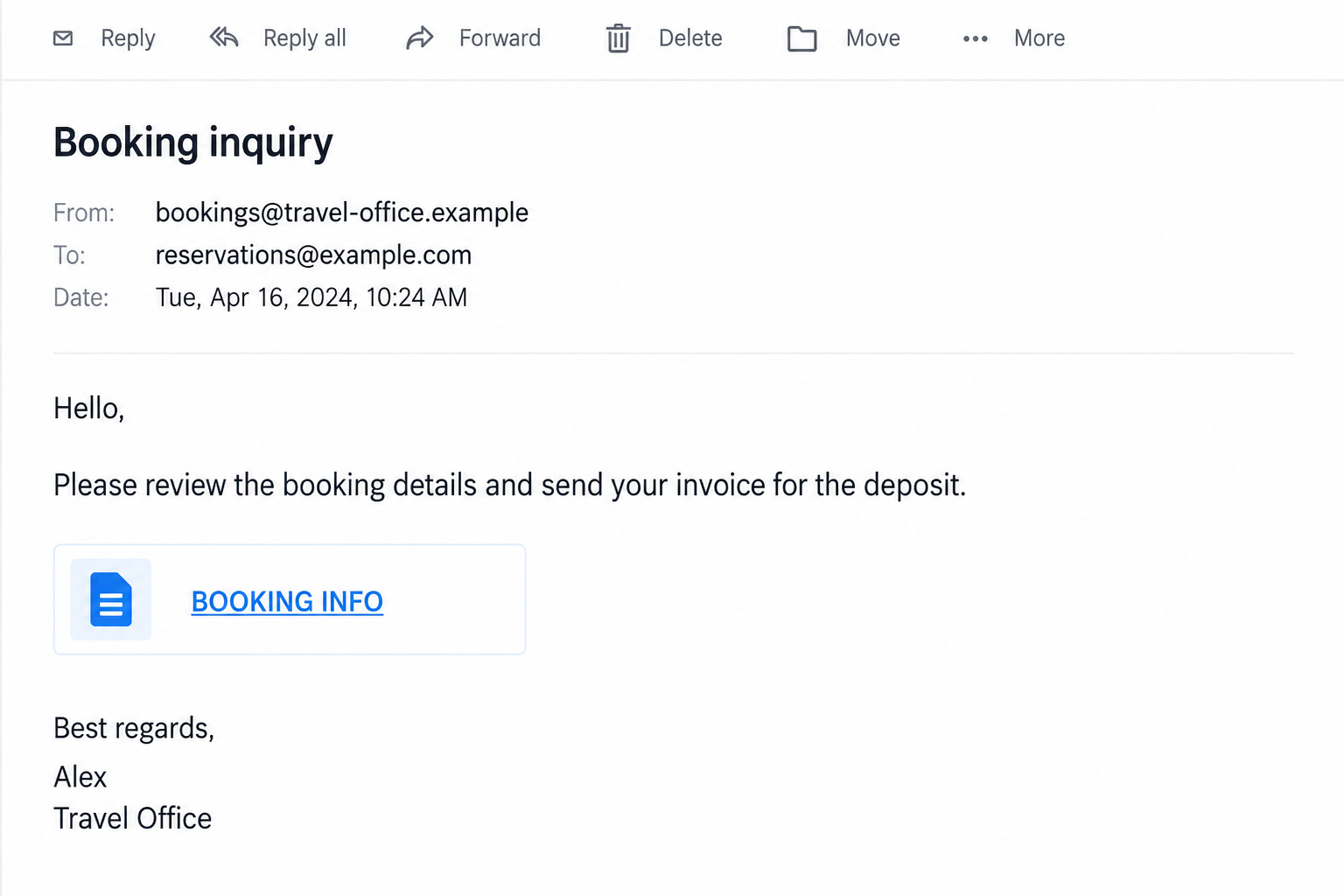 Original illustrative booking inquiry email with a BOOKING INFO link, fictional sender, and request for an invoice