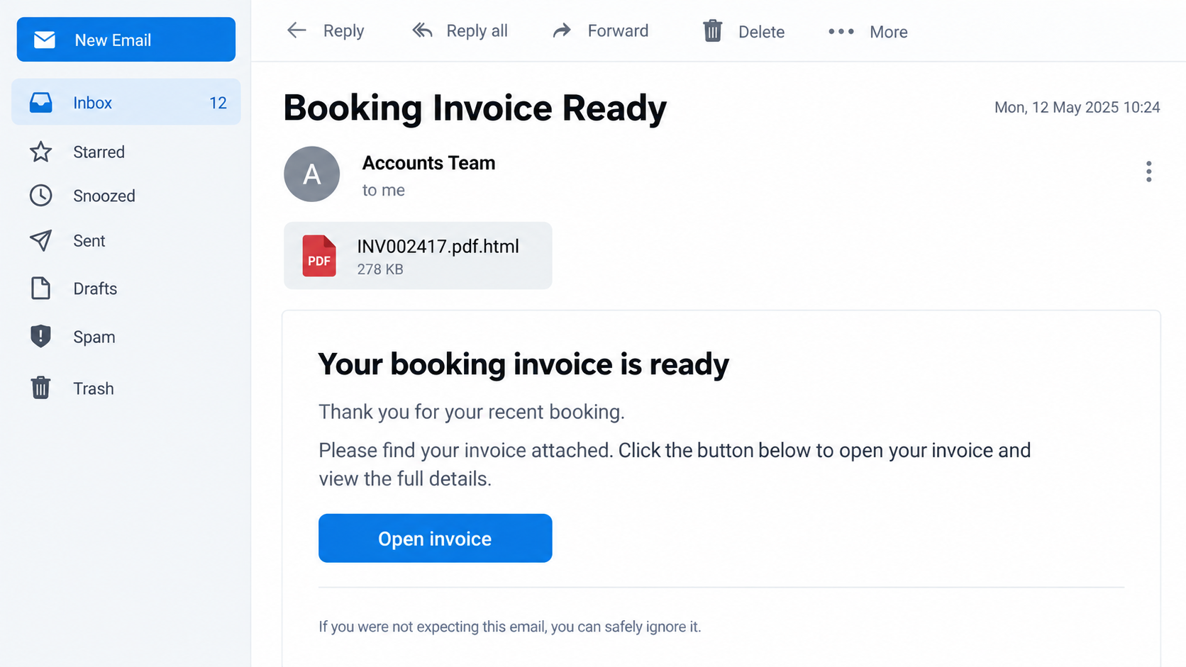 Booking Invoice Email Scam: Fake PDF HTML Attachment Steals Your Login 1 Illustration of a booking invoice email with an HTML attachment disguised as a PDF