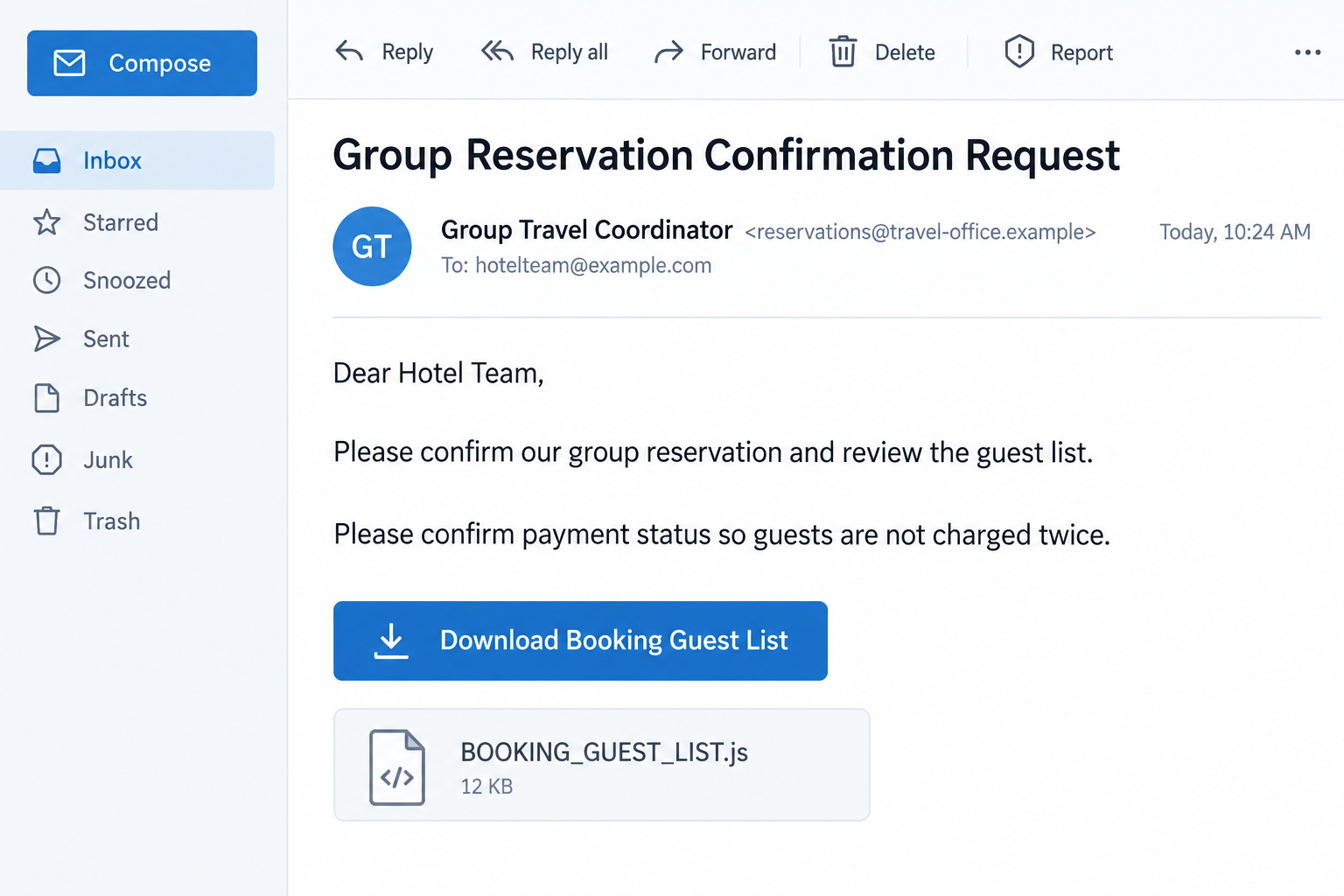 Illustrative group reservation email linking to BOOKING_GUEST_LIST.js with fictional hotel and sender details