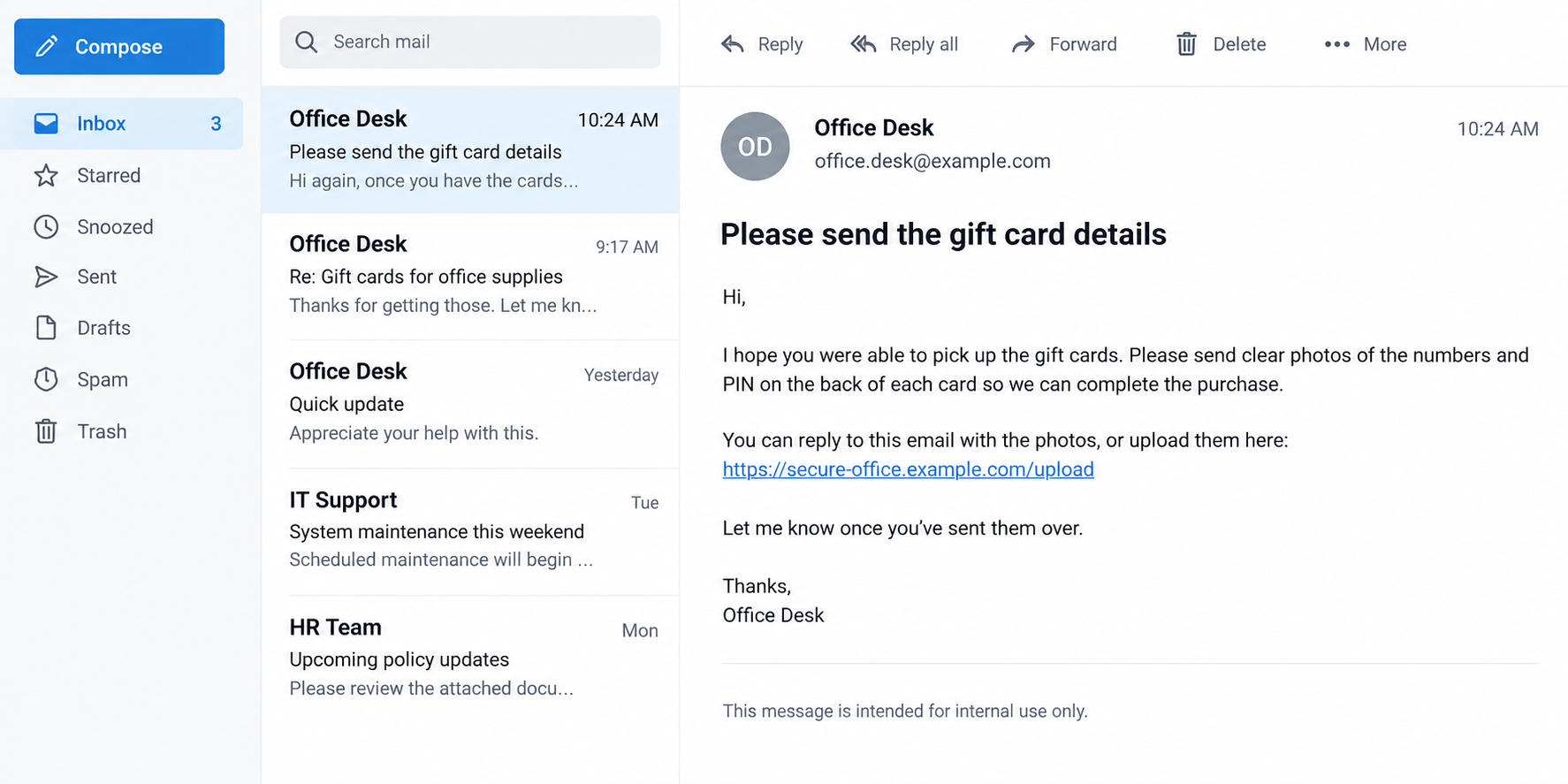 Illustrative follow-up email demanding gift card numbers and PINs