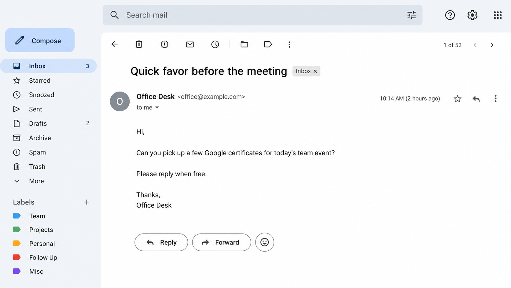 Illustrative email asking an employee for Google certificates