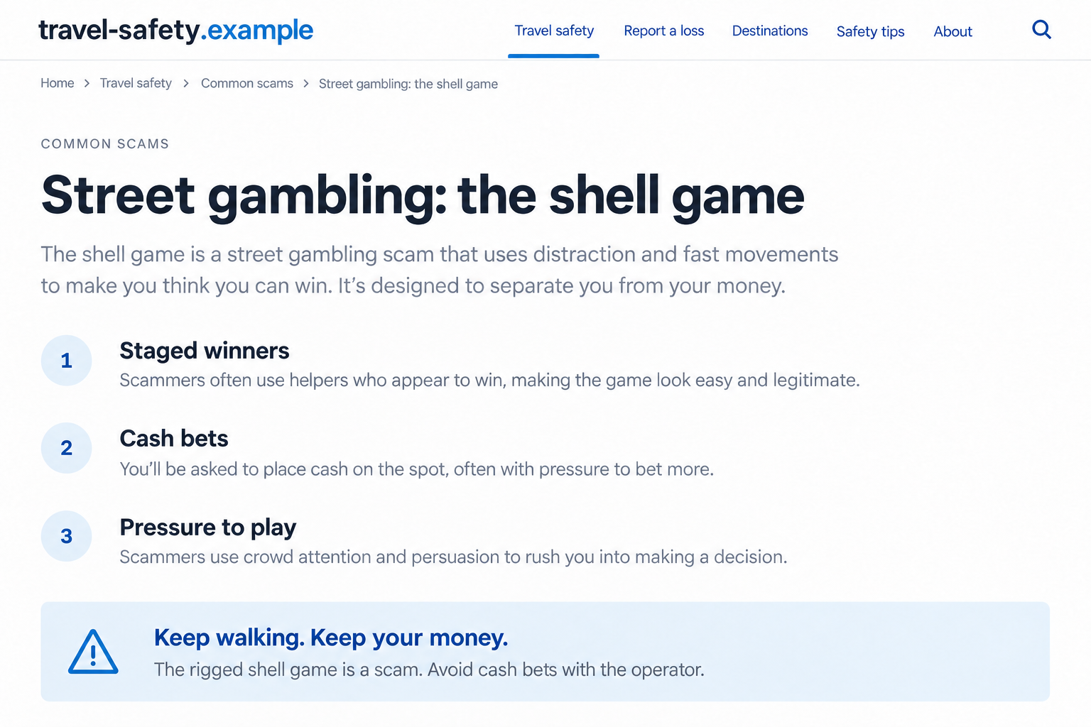 Bottle Cap Scam: How a Rigged Shell Game Turns Easy Wins Into Cash Losses 1 Illustrative travel-safety screen warning about staged winners and cash bets in the bottle cap shell game
