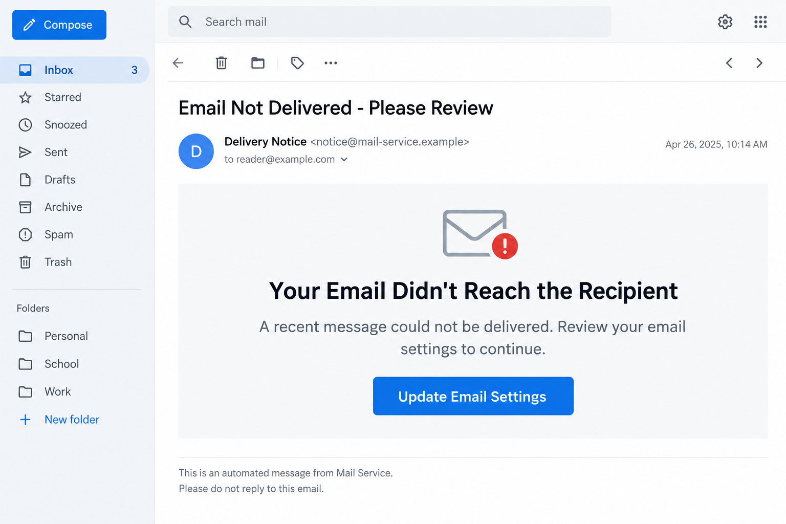 Email Didn't Reach the Recipient Scam: Fake Delivery Alert Login Warning 1 Illustrative email showing the Your Email Didn't Reach the Recipient warning with fictional sender details