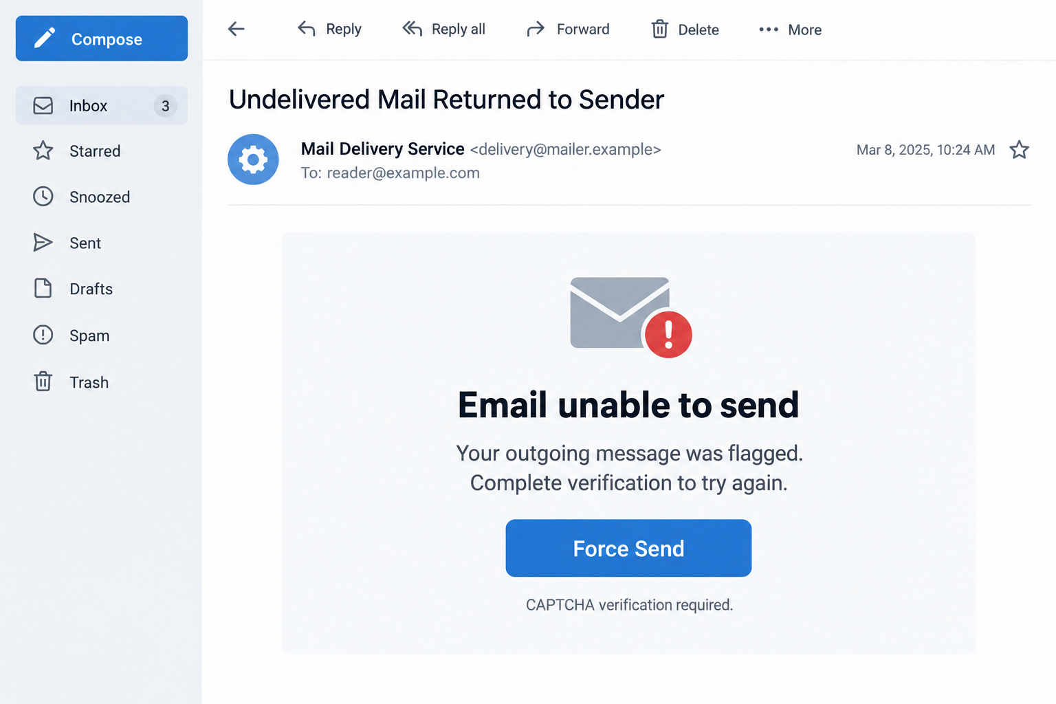 Email Unable to Send Scam Exposed: Fake Force Send Button Steals Passwords 1 Illustrative Email unable to send notice with a Force Send button and CAPTCHA pretext