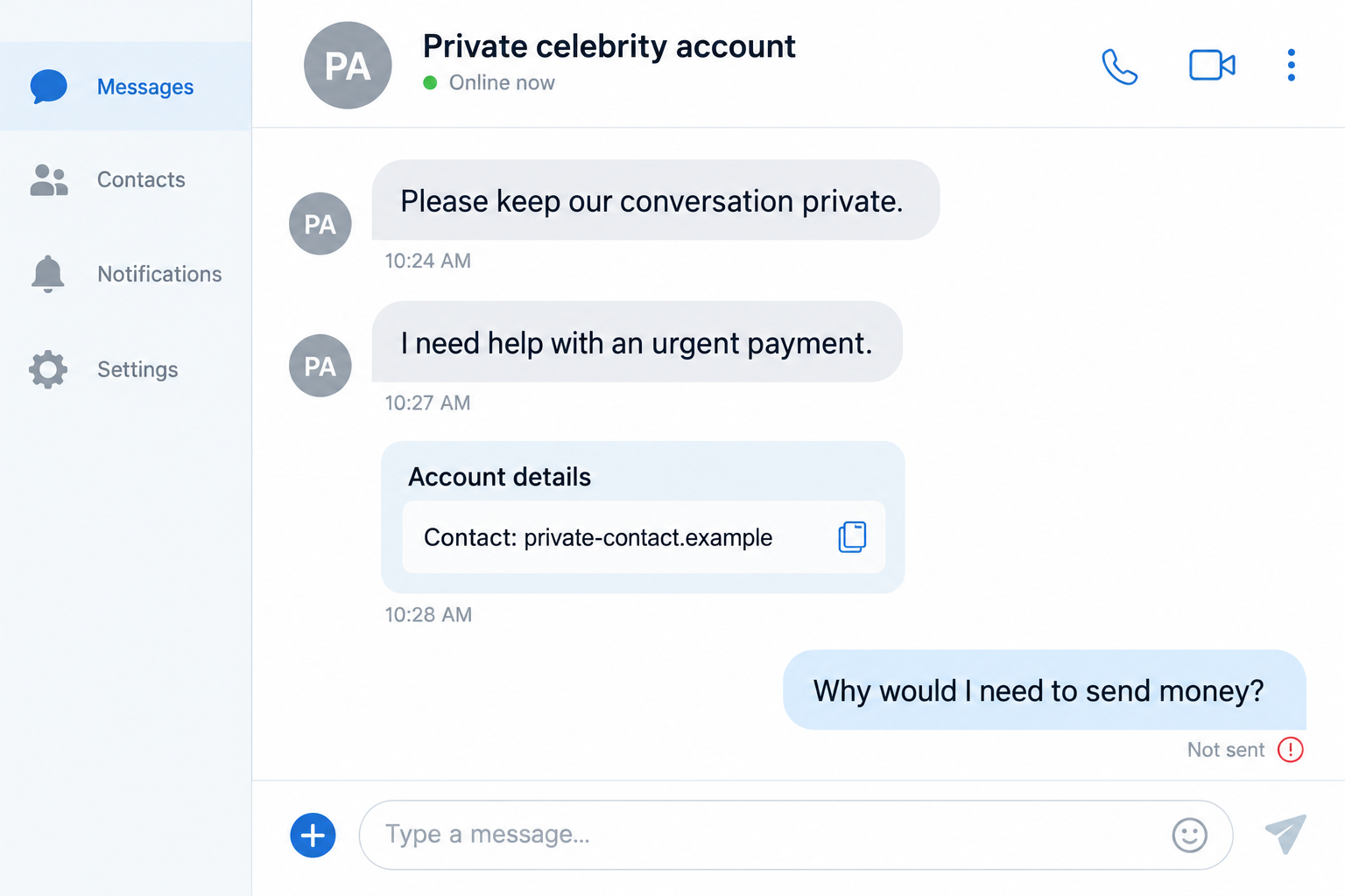 Brad Pitt Romance Scam: Private Messages That Turn Affection Into Payments 1 Illustrative private celebrity chat combining secrecy and an urgent payment request without a real actor photograph