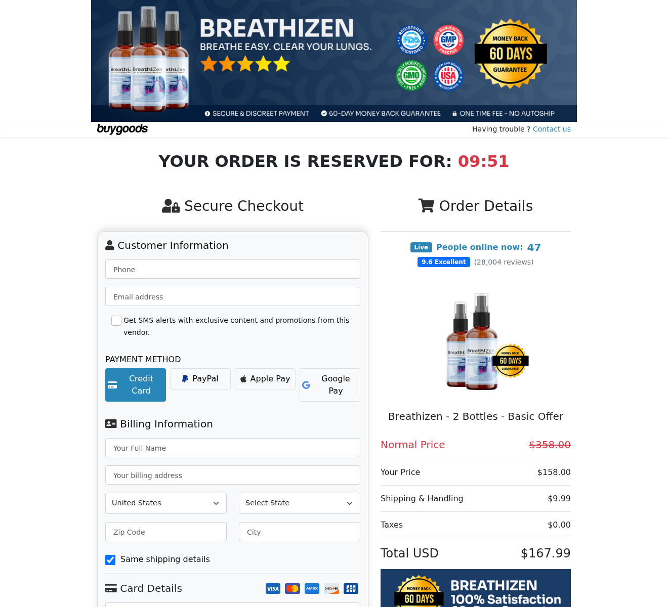 BuyGoods Breathizen two-bottle checkout showing $167.99 total and one-time fee with no autoship