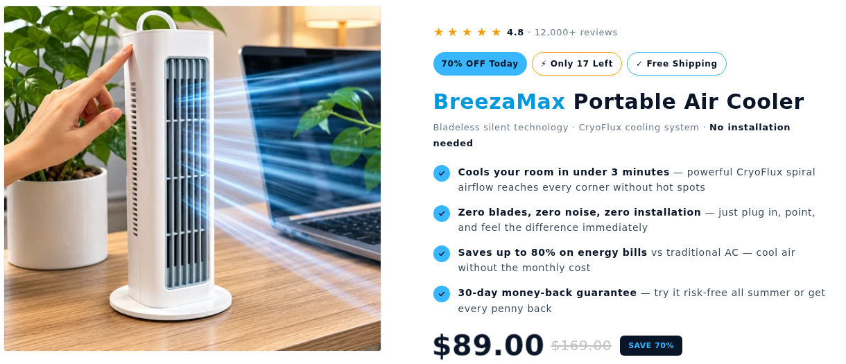 BreezaMax Reviews: Does It Cool a Room? Claims and Refund Rules Checked 1 BreezaMax product page showing a compact fan, three-minute room cooling promise, $89 price and Save 70% label beside $169