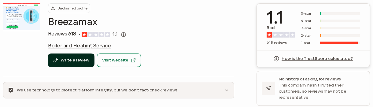 BreezaMax Reviews: Does It Cool a Room? Claims and Refund Rules Checked 2 Trustpilot profile for breezamax.com showing 618 reviews and a 1.1 Bad score in the current capture
