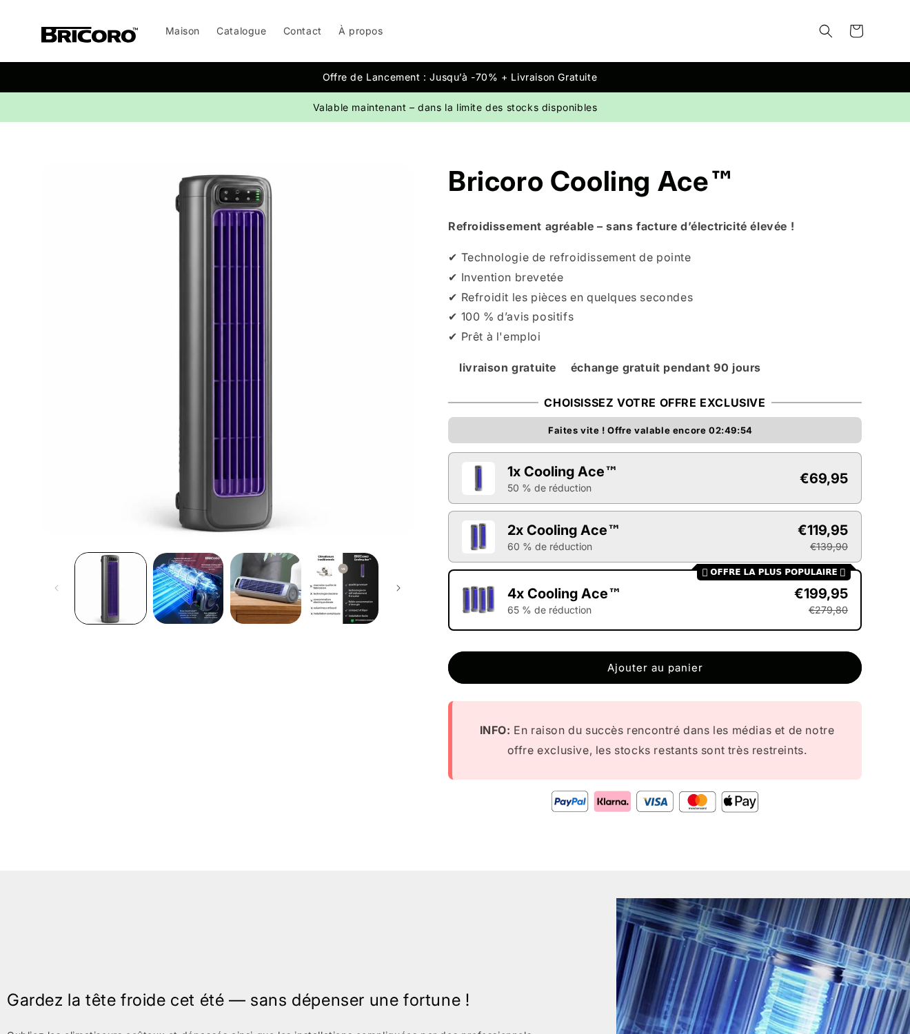 Bricoro Cooling Ace: Scam or Legit? Cooling Claims and Returns Investigated 1 Bricoro Cooling Ace product page showing room-cooling claims and one, two and four-unit offers