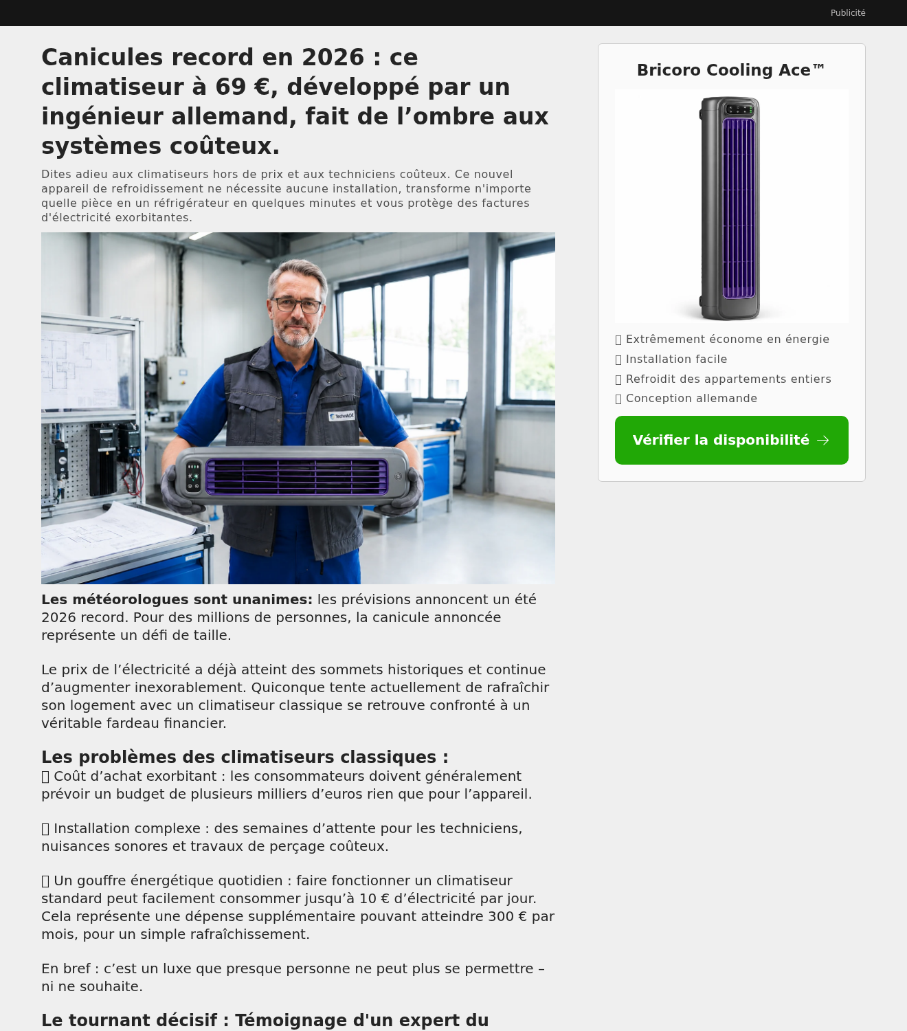 Bricoro Cooling Ace: Scam or Legit? Cooling Claims and Returns Investigated 2 Bricoro advertorial presenting a German engineer story and whole-apartment cooling claims