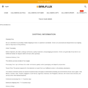 Brilflux shipping page listing both 48-hour processing language and a separate 2 to 7 business day processing estimate