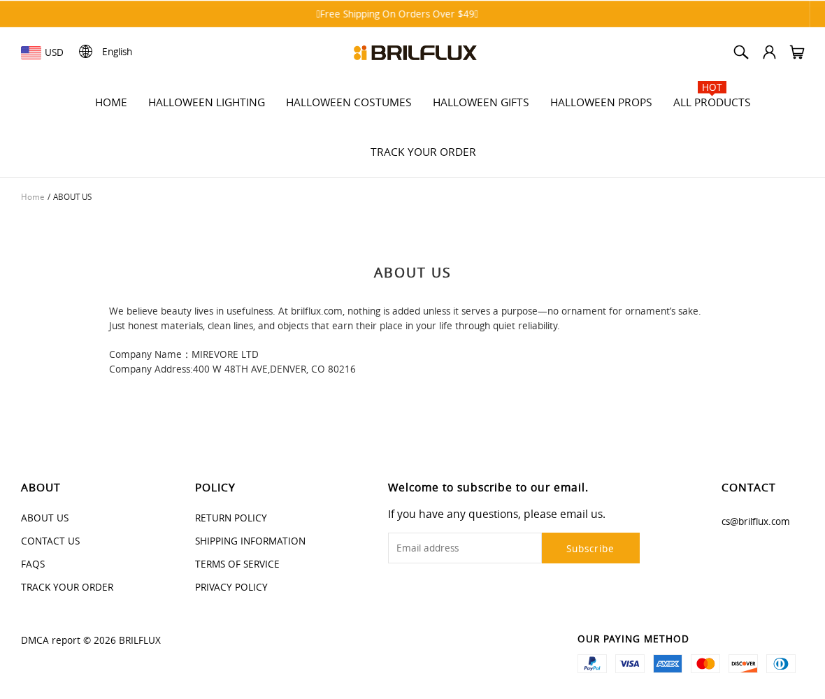 Brilflux Review: Halloween Delivery, Conflicting Timelines and Return Risks 2 Brilflux About page naming MIREVORE LTD and a Denver company address alongside its support email