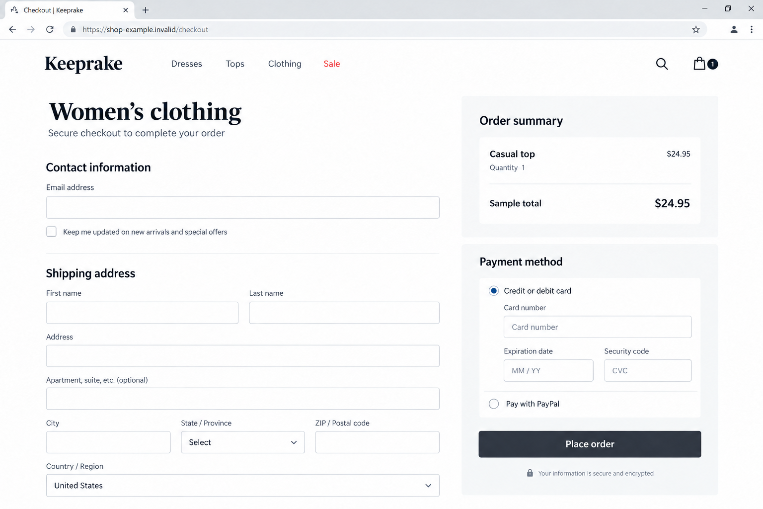 Bristol Bay Seafood Scam: Fake Facebook Ads and the Keeprake Checkout Trap 2 Illustrative fictional Keeprake clothing checkout with sample order details, contrasting with the advertised seafood offer