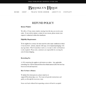 Brooklyn Ridge refund policy showing a 15-day return window and 10% restocking fee