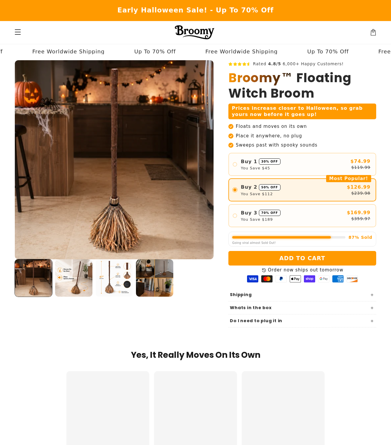 Broomy Floating Witch Broom product page with single and multi-broom price choices