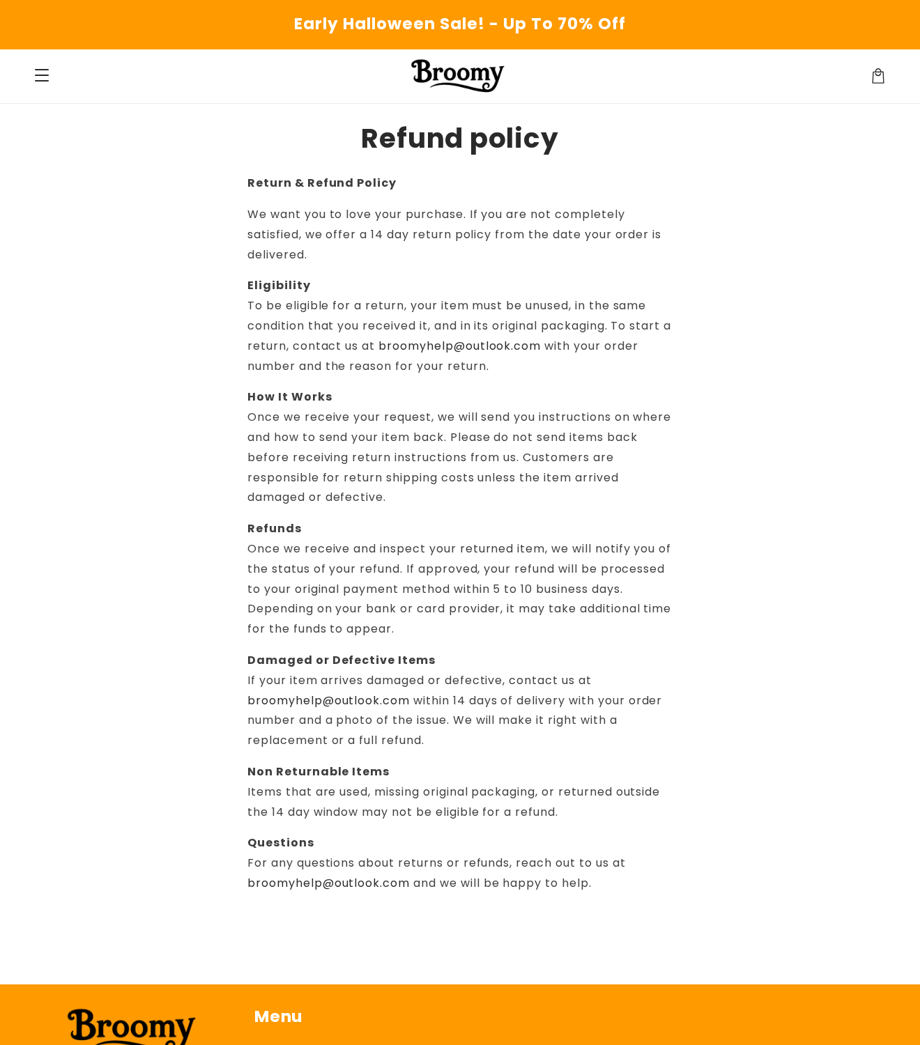 Broomy refund policy specifying a 14-day window, unused condition and return-shipping requirements