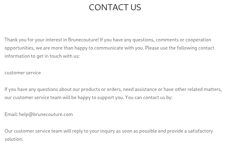 Brune Couture: Scam or Legit? Orders, Tracking and Refunds Investigated 2 Brunecouture contact page listing help@brunecouture.com and its customer-service solution promise