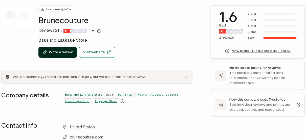 Brune Couture: Scam or Legit? Orders, Tracking and Refunds Investigated 1 Brunecouture Trustpilot profile showing 21 reviews, a 1.6 score and an entirely one-star rating distribution