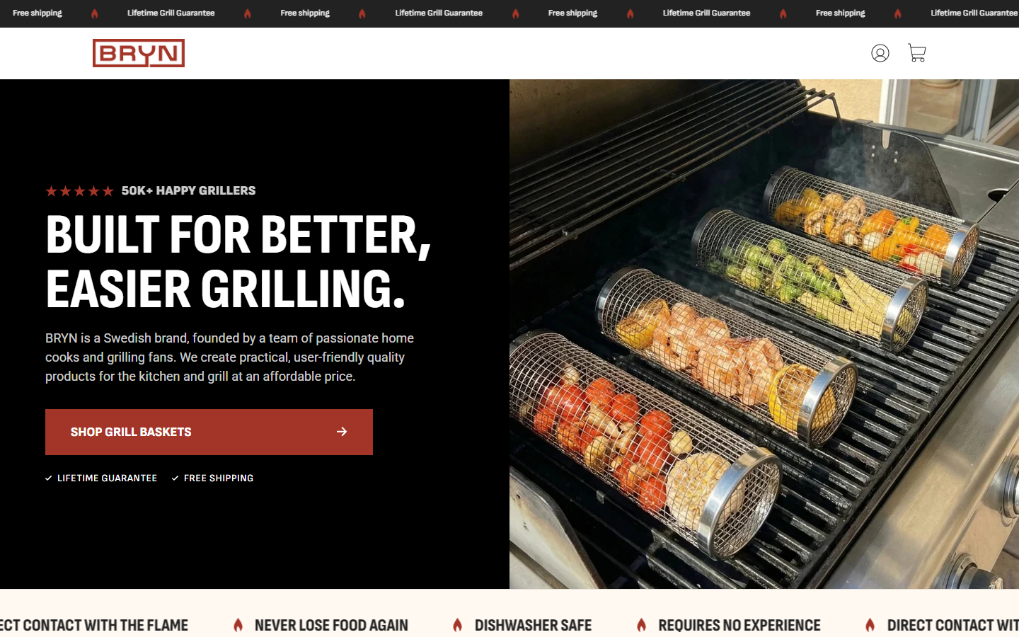 Bryngrill homepage promoting its grill basket and lifetime guarantee