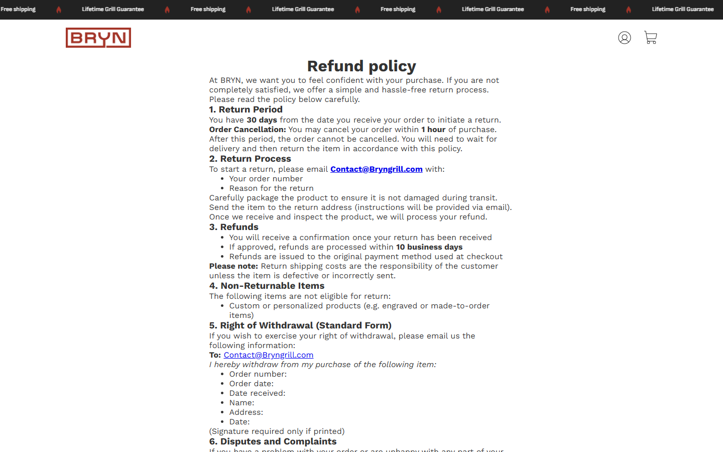 Bryngrill refund policy showing its one-hour cancellation and thirty-day return rules