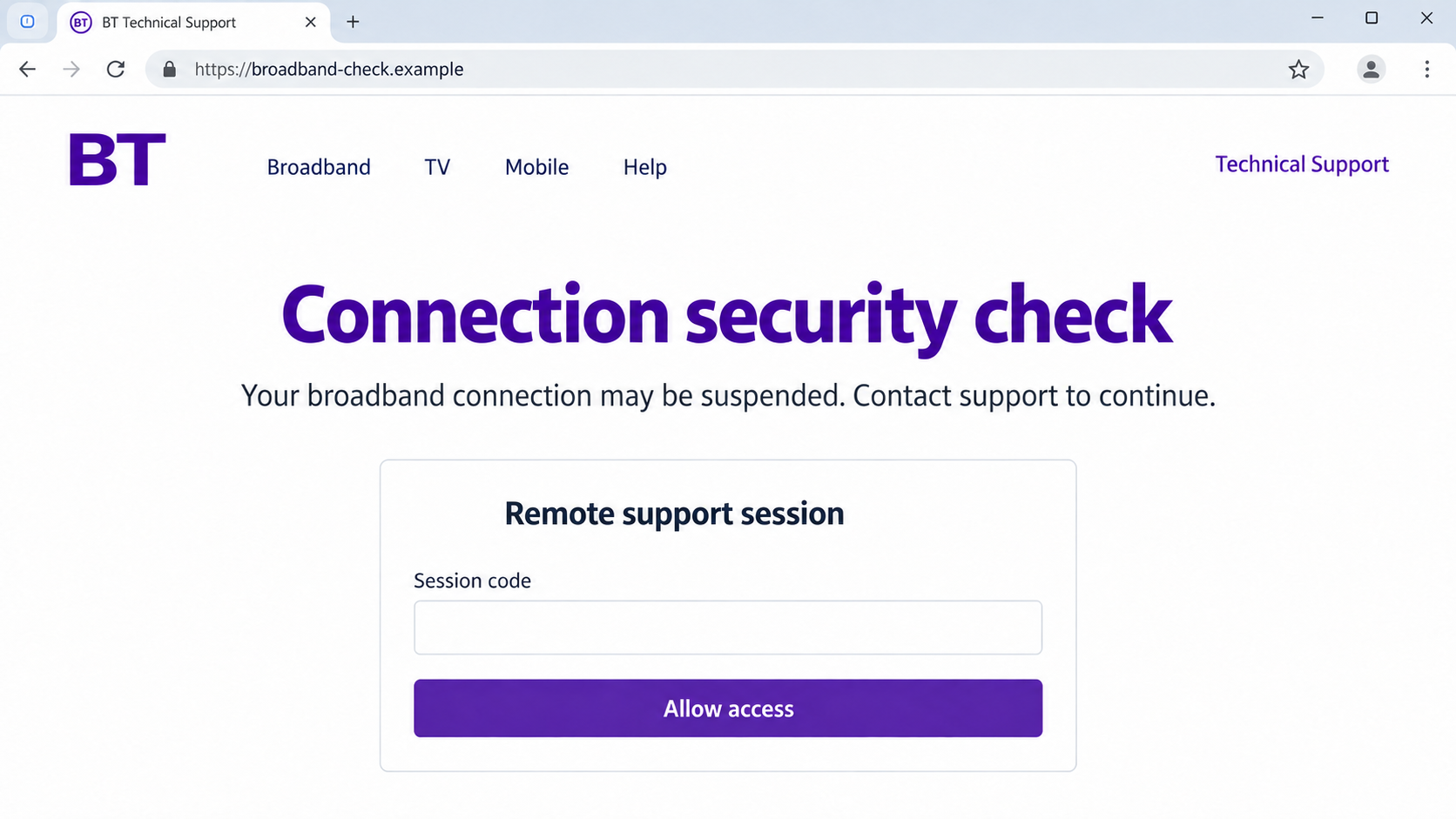Illustrative BT impersonation support page with a fictional domain and an empty remote-session field
