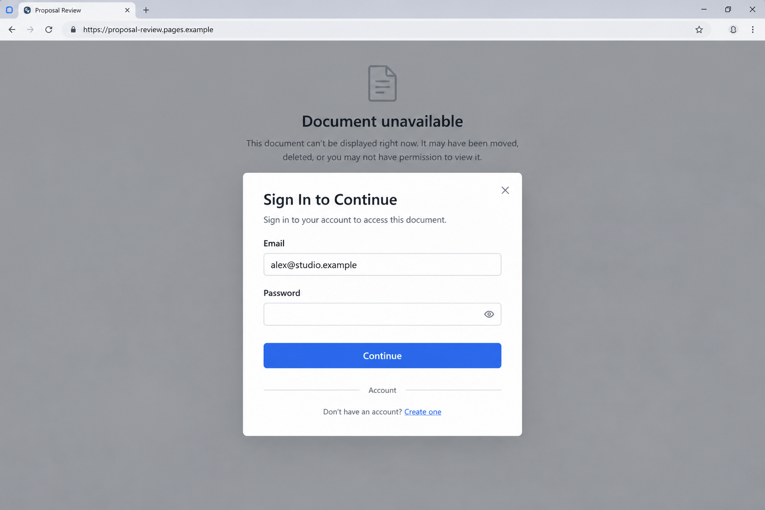 Illustrative proposal error page covered by a counterfeit account sign-in prompt