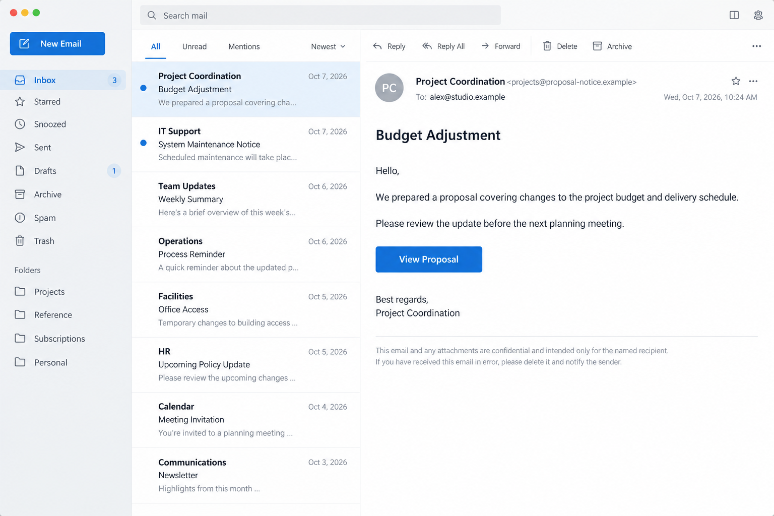 Illustrative Budget Adjustment email inviting a recipient to view a project proposal