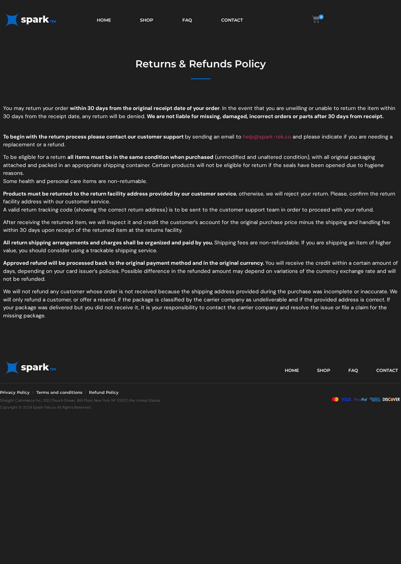 Spark Tek return policy linked by BuniCure showing return conditions and buyer-paid shipping