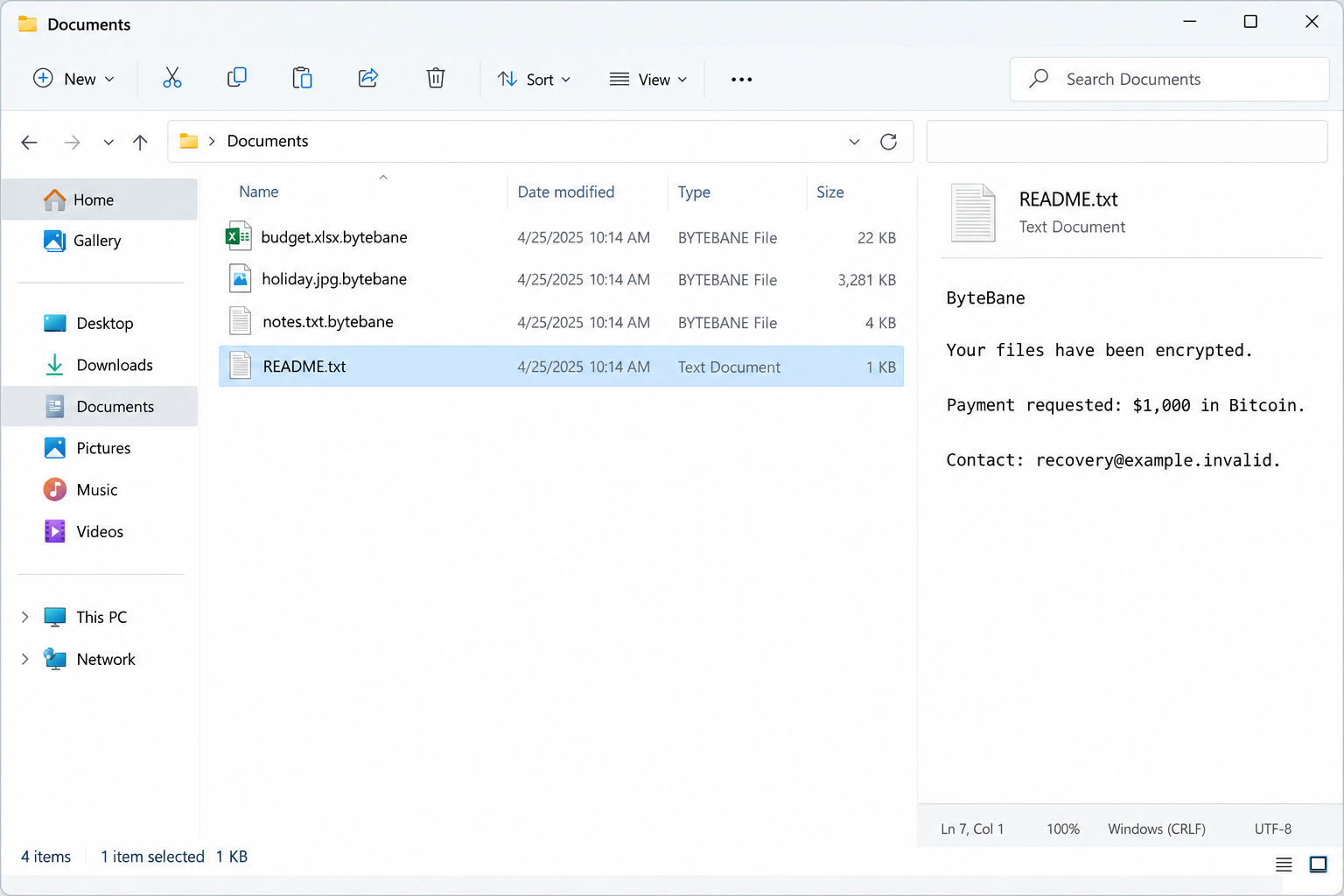 ByteBane Ransomware Removal: Recover Files With the .bytebane Extension 1 Illustrative Documents window showing the bytebane file extension and a ransom note with fictional contact details