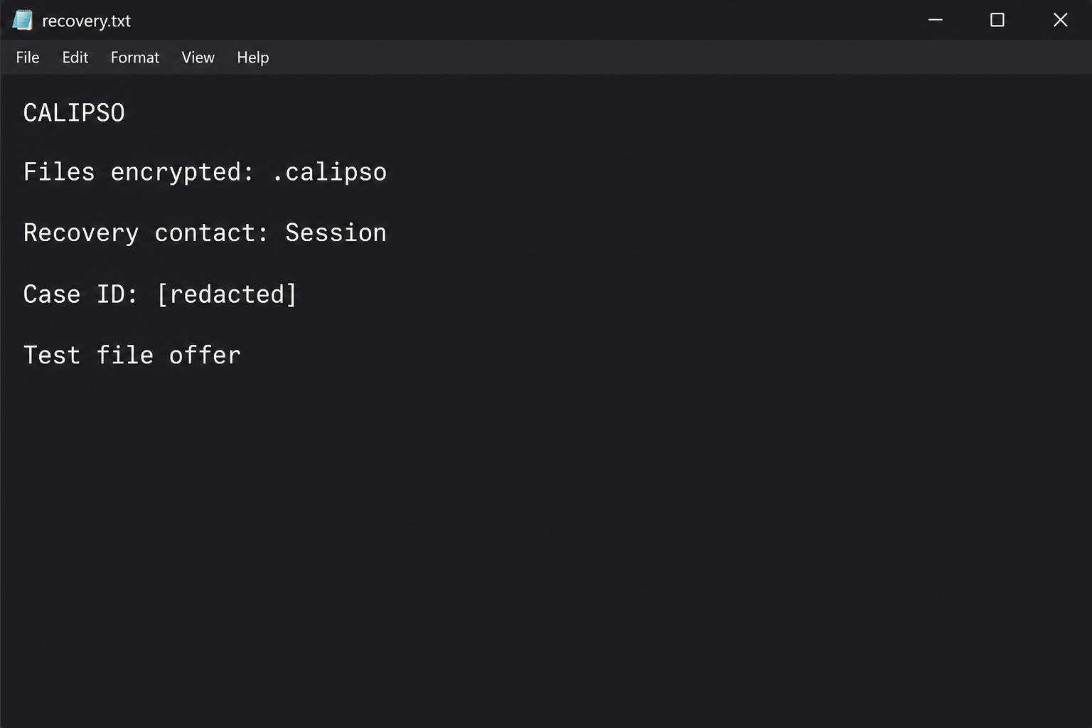 Calipso Ransomware Removal Guide: .calipso Files and Safe Recovery Steps 1 Illustration of Calipso recovery.txt with Session contact details redacted