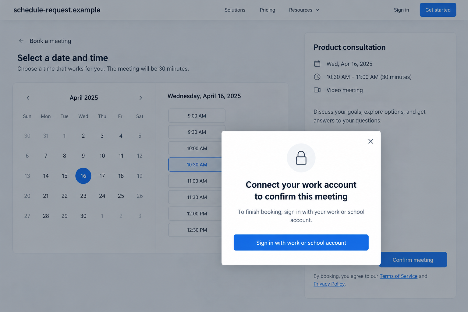 Calendar Booking Phishing Scam: How a Coworker's Forward Builds False Trust 2 Illustrative booking page followed by a work-account sign-in prompt, not a screenshot of the observed site