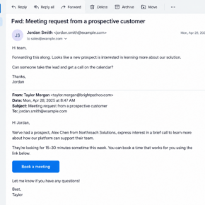 Illustrative reconstruction of a colleague forwarding a meeting request, not an actual campaign email