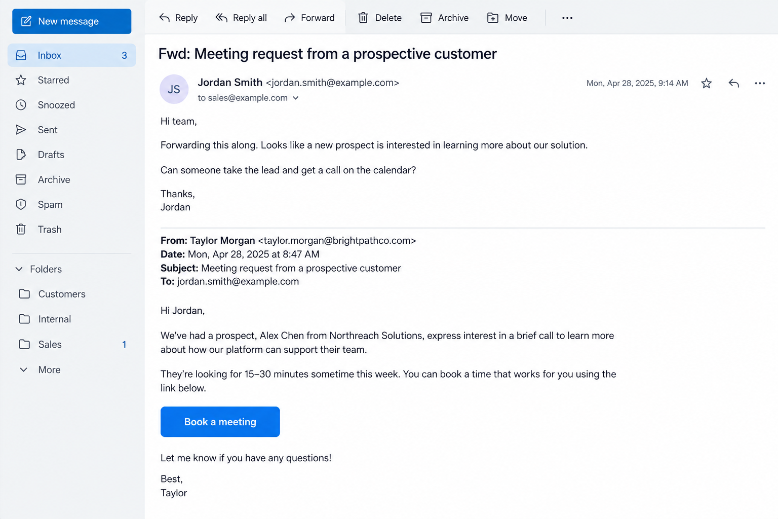 Calendar Booking Phishing Scam: How a Coworker's Forward Builds False Trust 1 Illustrative reconstruction of a colleague forwarding a meeting request, not an actual campaign email