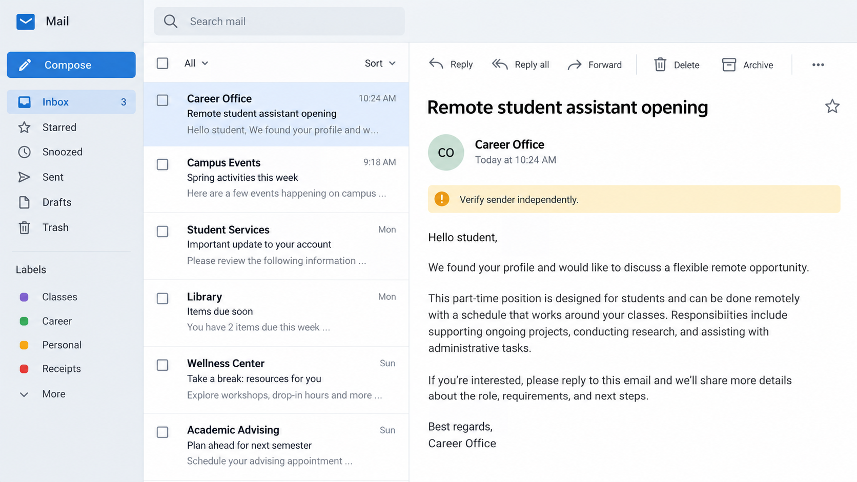 Illustrative campus job email in a generic inbox