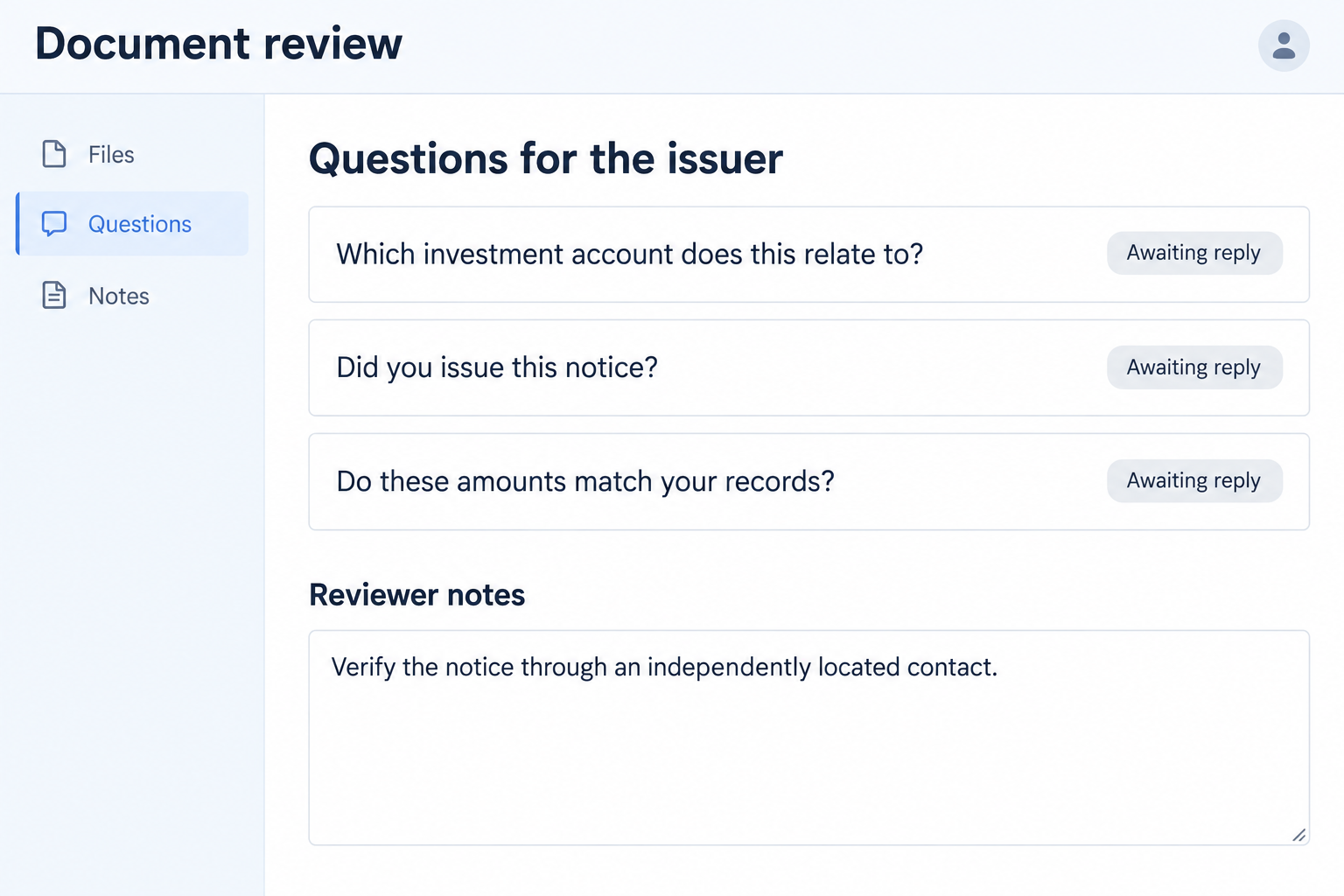 Illustrative fictional document review screen listing questions to verify a shareholder notice with its issuer