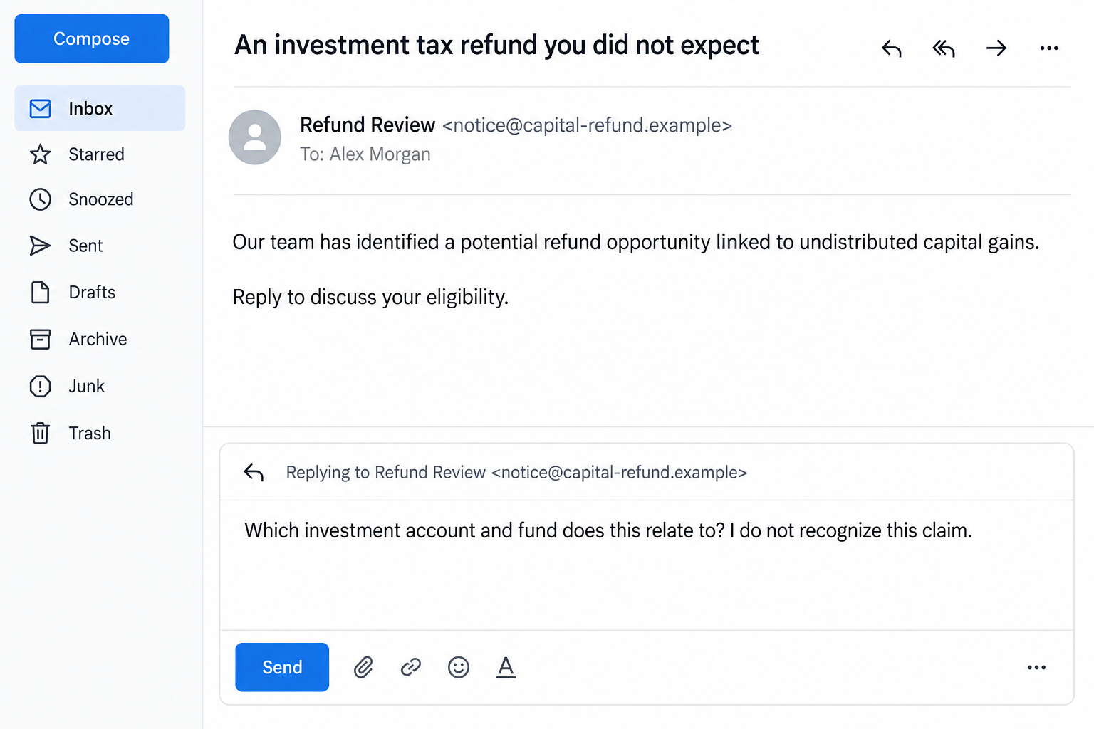 Fictional illustrative email about an unexpected capital gains refund with a request for supporting investment records