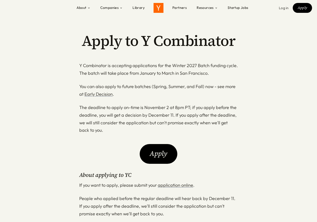 Official Y Combinator application page showing the Winter 2027 cycle