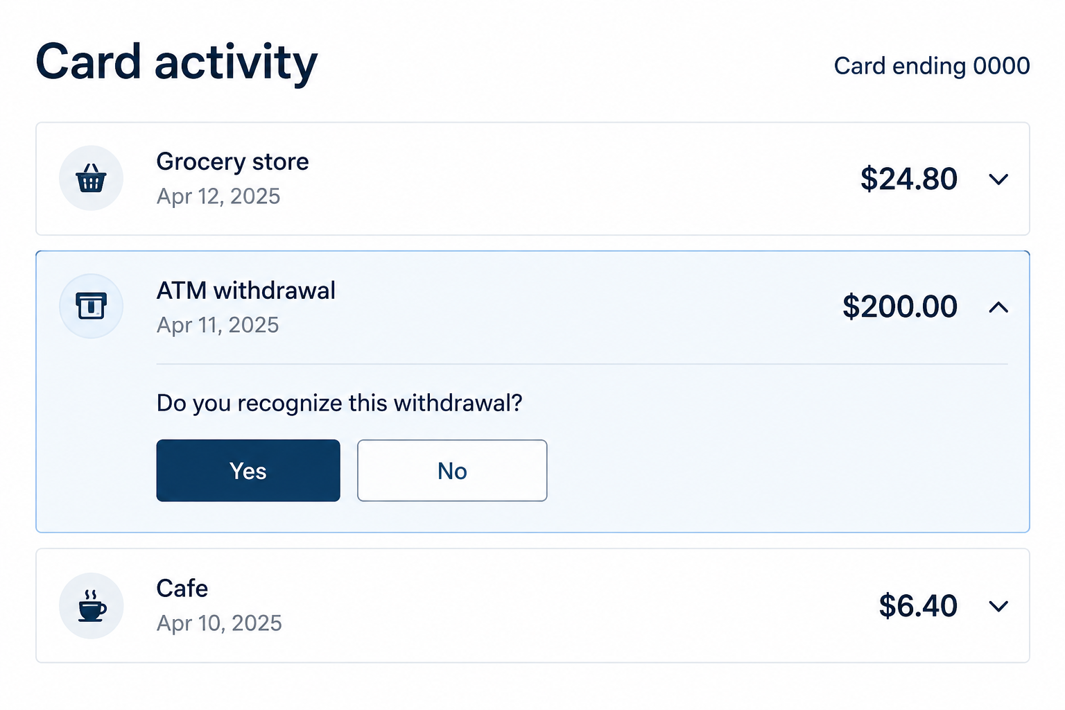 Card Skimming Scam: How ATM and Payment Readers Can Expose Your Card Data 1 Illustrative account-activity screen with an unfamiliar ATM withdrawal, showing a possible symptom rather than proof of card skimming