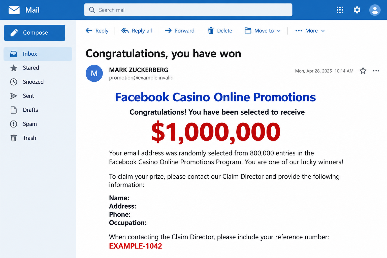 Facebook Casino Online Promotions Email Scam: Fake $1 Million Prize Exposed 1 Illustrative Facebook Casino Online Promotions email promising a $1,000,000 prize and asking for a personal profile