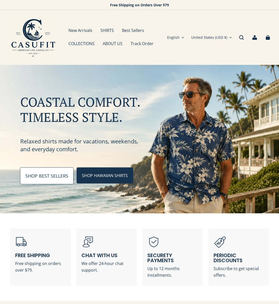 Casufit storefront advertising coastal shirts and free shipping on orders over $79