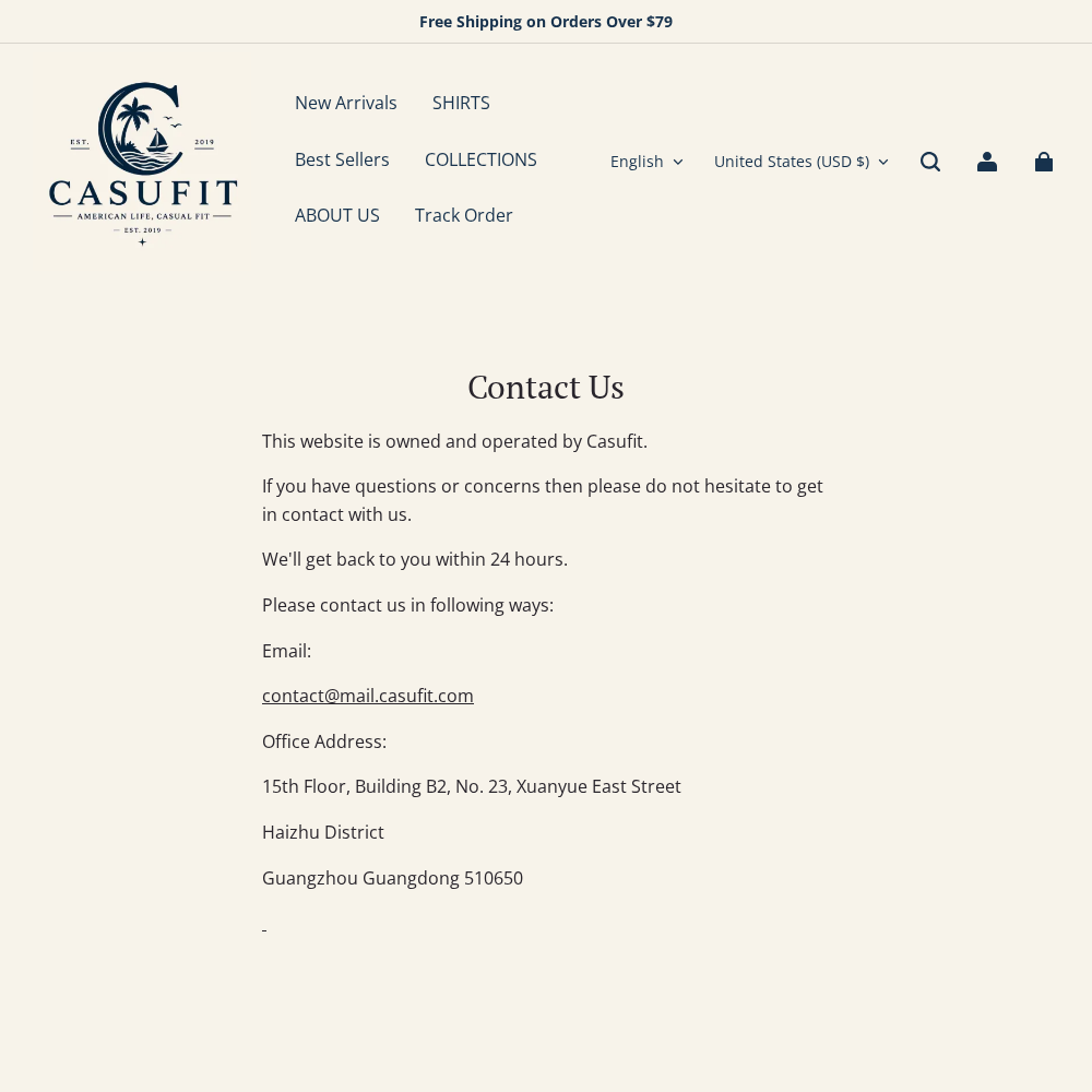 Casufit contact page listing its office address in Guangzhou Guangdong and support email