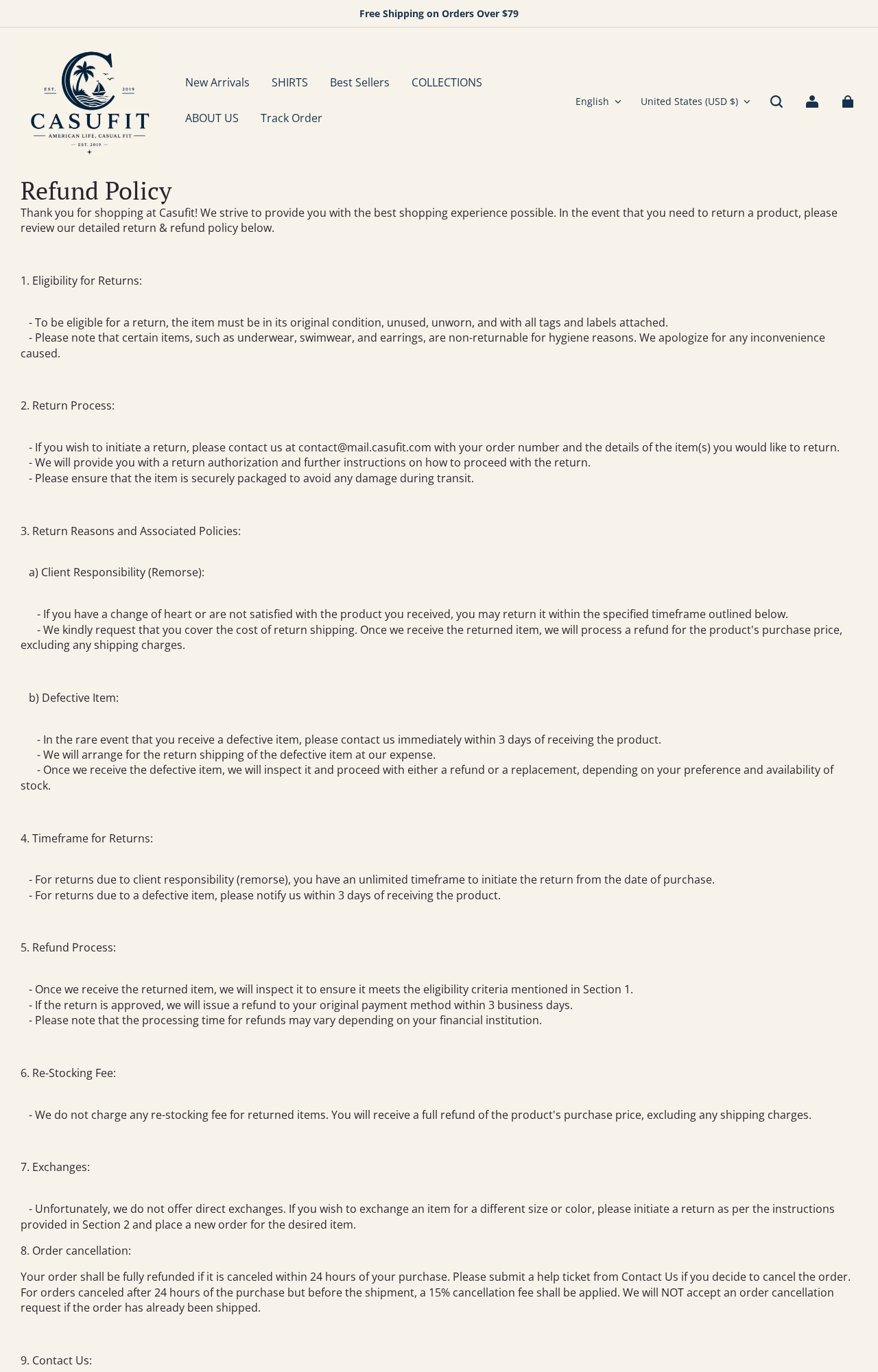 Casufit refund policy showing return conditions defect notification requirements and cancellation terms