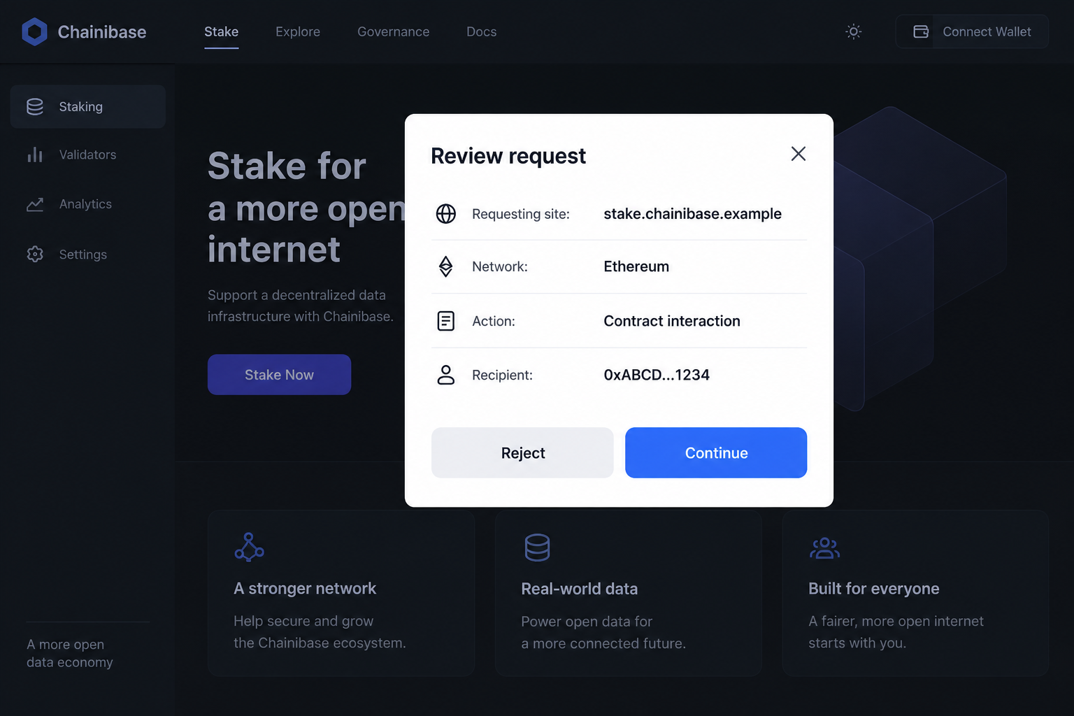 Hypothetical wallet request from a fictional Chainbase lookalike staking site, with the requesting hostname visible