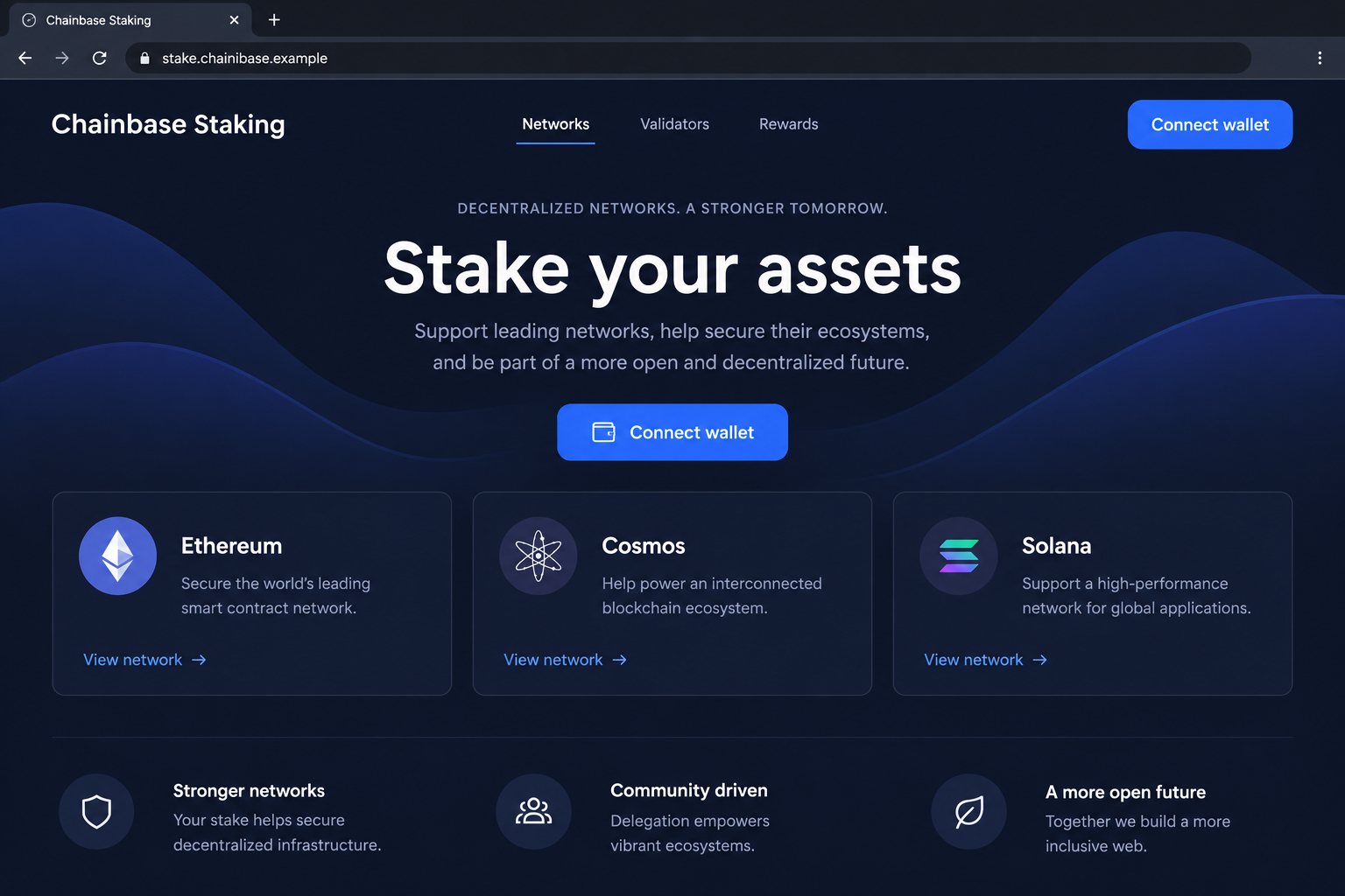 Illustrative counterfeit Chainbase Staking dashboard on a fictional lookalike hostname