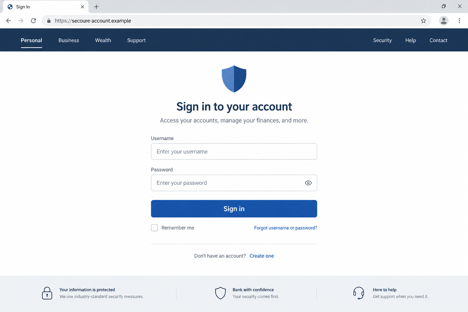 Fake Bank Login Search Result Scam: How Cloaked Pages Steal Bank Passwords 2 Illustrative reconstruction of a lookalike bank sign-in page on a fictional domain, not a real bank screenshot