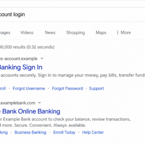 Illustrative reconstruction of search results containing a lookalike banking result, not a live search screenshot