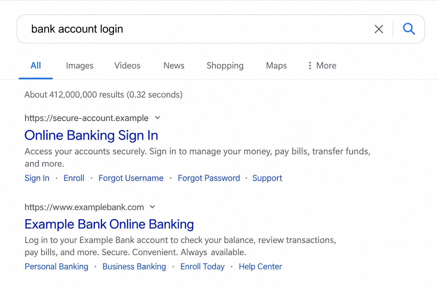 Fake Bank Login Search Result Scam: How Cloaked Pages Steal Bank Passwords 1 Illustrative reconstruction of search results containing a lookalike banking result, not a live search screenshot