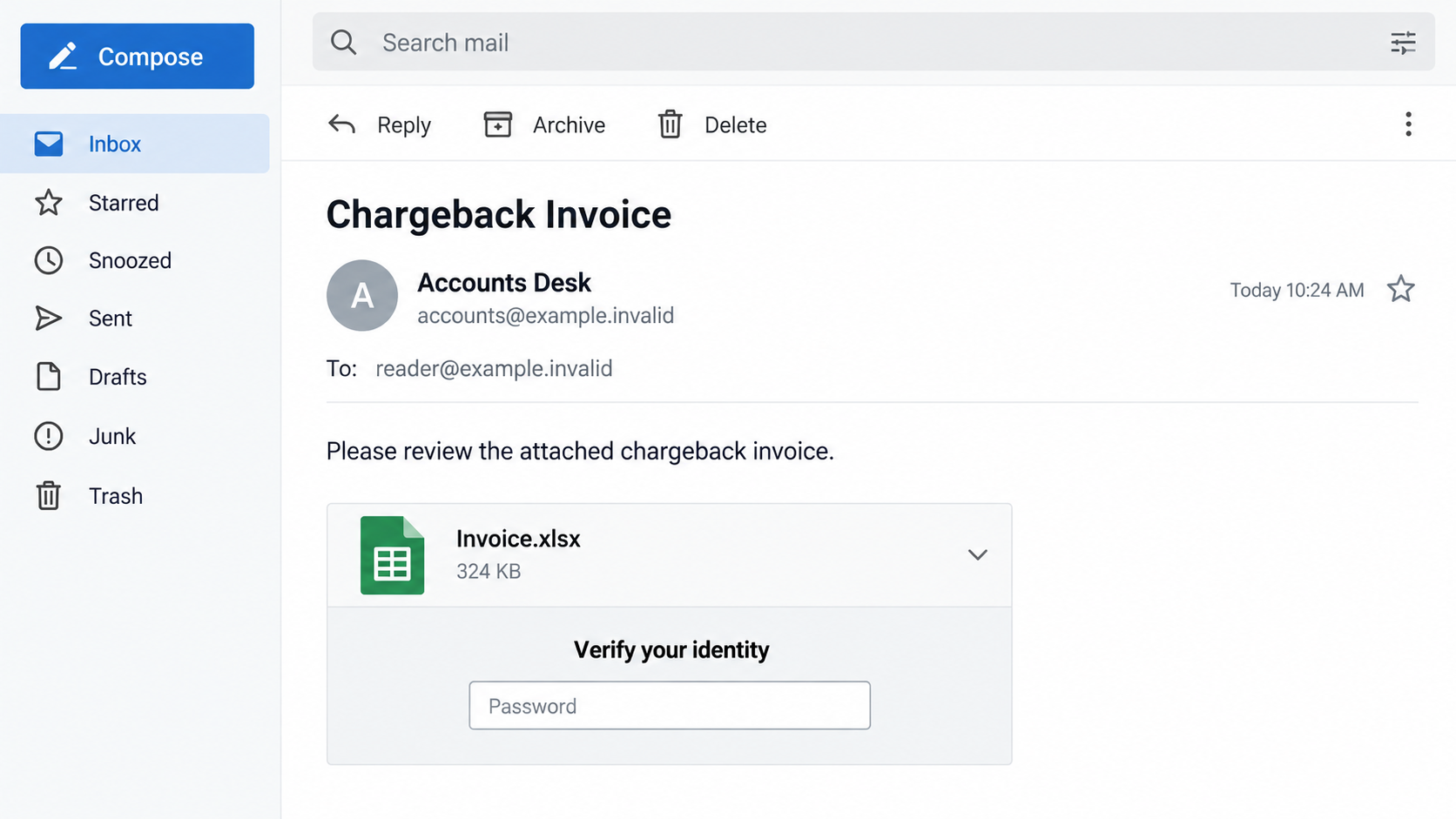 Illustrative chargeback email with an Invoice.xlsx attachment and a password verification prompt