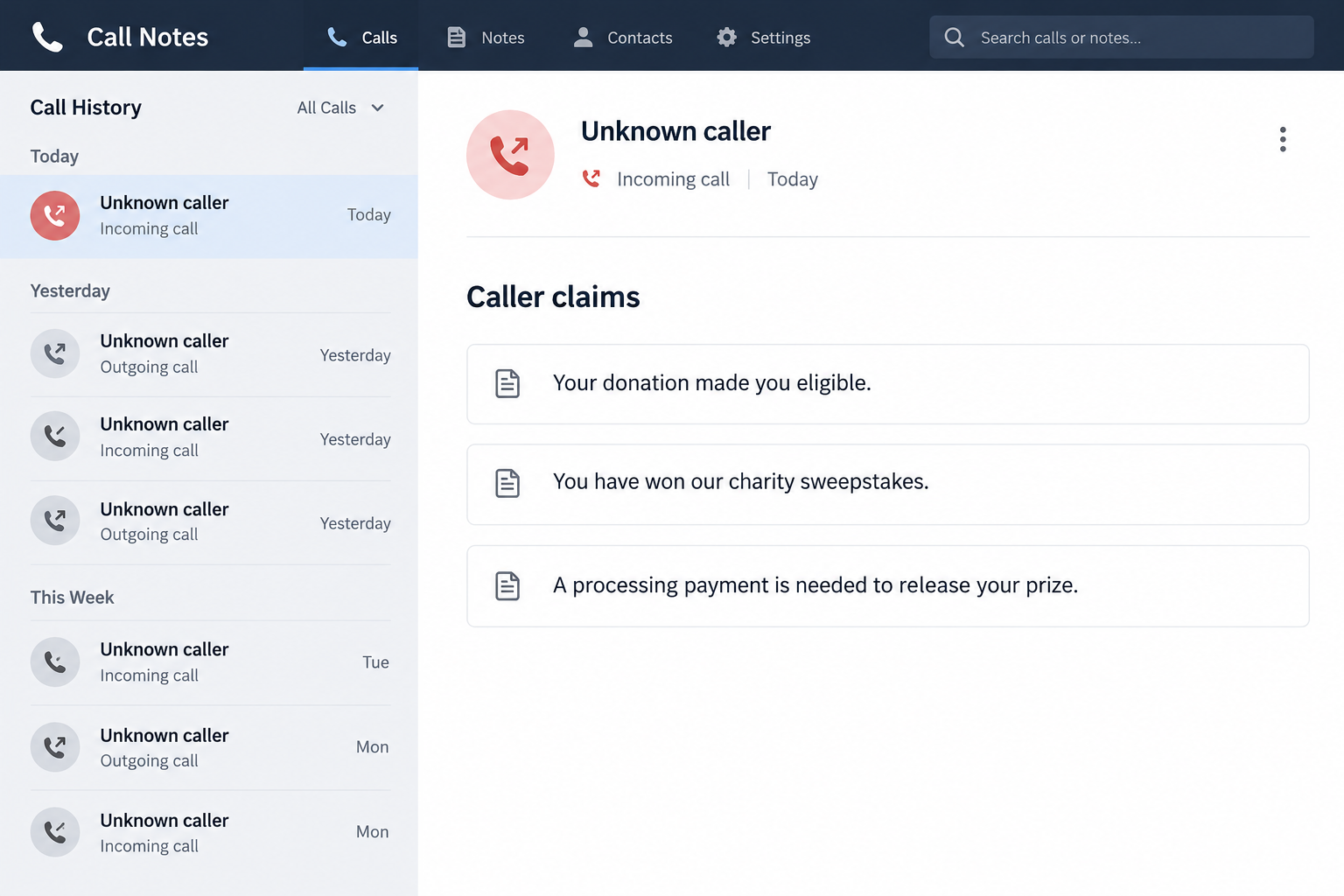 Charity Sweepstakes Call Scam: Why Your Donation Does Not Verify a Prize 1 Illustrative call notes showing a charity prize claim followed by a processing payment demand